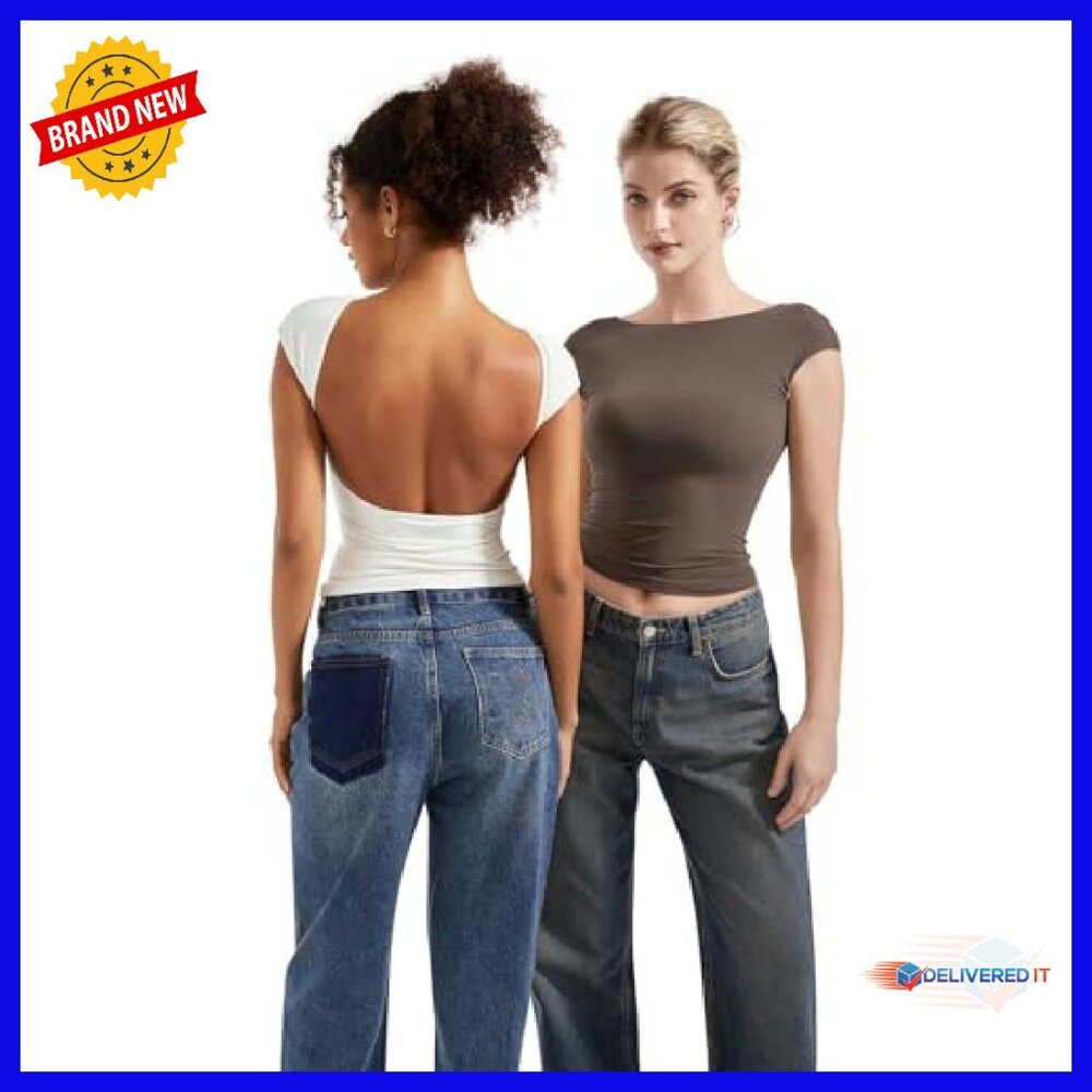 Double Lined Backless Crop Top Y2K Basic Tee Slim… - image 4